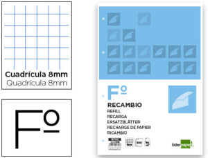 Recambio liderpapel din a4 100 hojas 60g/m2 cuadro 8mm con margen 4 taladros