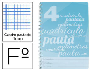 Cuaderno espiral liderpapel folio pautaguia tapa plastico 80h 75gr cuadro pautado 4mm con margen color azul