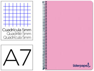 Cuaderno espiral liderpapel a7 micro wonder tapa plastico 100h 90 gr cuadro 5mm 4 bandas color rosa