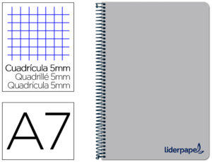 Cuaderno espiral liderpapel a7 micro wonder tapa plastico 100h 90 gr cuadro 5mm 4 bandas color gris