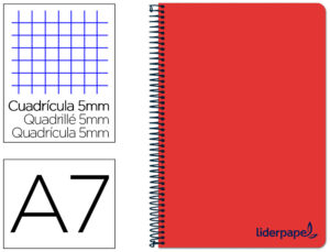 Cuaderno espiral liderpapel a7 micro wonder tapa plastico 100h 90 gr cuadro 5mm 4 bandas color rojo