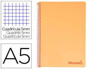 Cuaderno espiral liderpapel a5 micro wonder tapa plastico 120h 90g cuadro 5mm 5 bandas 6 taladros color naranja