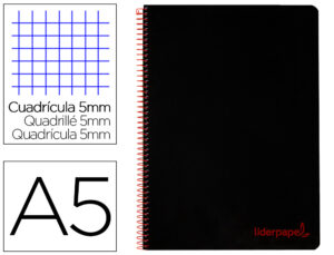 Cuaderno espiral liderpapel a5 micro wonder tapa plastico 120h 90g cuadro 5mm 5 bandas 6 taladros color negro