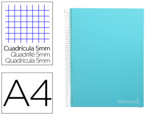 Cuaderno espiral liderpapel a4 micro jolly tapa forrada 140h 75 gr cuadro 5mm 5 bandas4 taladros color celeste