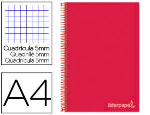 Cuaderno espiral liderpapel a4 micro jolly tapa forrada 140h 75 gr cuadro 5mm 5 bandas 4 taladros color rojo