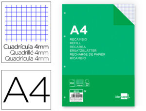 Recambio liderpapel a4 100 hojas 60g/m2 cuadro 4 mm con margen 4 taladros