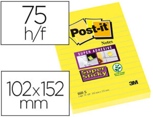 Bloc de notas adhesivas quita y pon post-it super sticky rayado amarillo ultra 102×152 mm