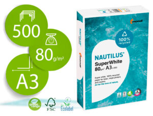 Papel fotocopiadora nautilus superwhite 100% reciclado din a3 80 gramos paquete de 500 hojas