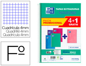 Cuaderno espiral oxford tapa extradura folio 80 hojas cuadro 4 mm con pizarra blancapack 4+1 colores tendencia