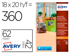 Etiqueta adhesiva avery kraft efecto carton rectangular 62×42 mm removible para laser ink-jet