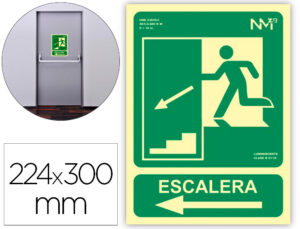 Pictograma archivo 2000 salida emergencia escalera baja izquierda pvc verde luminiscente 224×300 mm