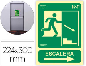 Pictograma archivo 2000 salida emergencia escalera baja derecha pvc verde luminiscente 224×300 mm