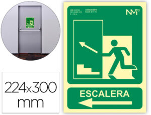 Pictograma archivo 2000 salida emergencia escalera sube izquierda pvc verde luminiscente 224×300 mm