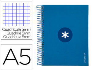 Cuaderno espiral liderpapel a5 micro antartik tapa forrada120h 90 gr cuadro 5mm 5 bandas6 taladros color azul oscuro