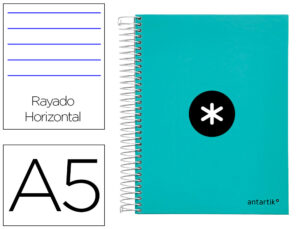 Cuaderno espiral liderpapel a5 micro antartik tapa forrada120h 100 gr horizontal 5 banda6 taladros color menta