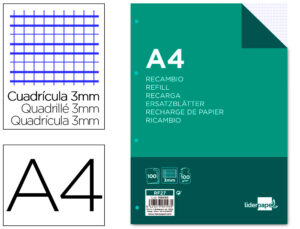 Recambio liderpapel a4 100 hojas 100g/m2 cuadro 3mm con margen 4 taladros