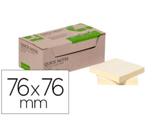 Bloc de notas adhesivas quita y pon q-connect 76×76 mm 100% papel reciclado amarillo en caja de carton