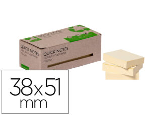 Bloc de notas adhesivas quita y pon q-connect 38×51 mm 100% papel reciclado amarillo en caja de carton