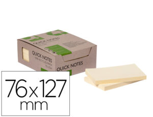 Bloc de notas adhesivas quita y pon q-connect 76×127 mm 100% papel reciclado amarillo en caja de carton