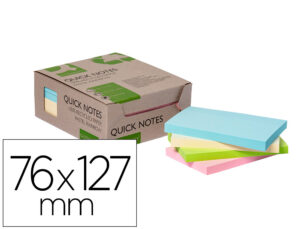 Bloc de notas adhesivas quita y pon q-connect 76×127 mm 100% papel reciclado colores pasteles en caja de carton