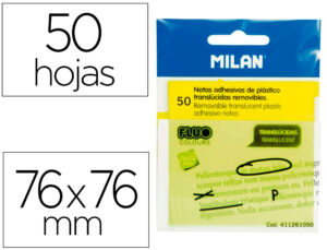 Bloc de notas adhesivas quita y pon milan 76×76 mm removible plastico translucido amarillo fluor 50