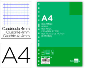 Recambio liderpapel a4 100 hojas 60g/m2 cuadro 4 mm con margen 16 taladros