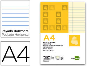 Bloc notas liderpapel horizontal a4 50 hojas amarillas 60g/m2 encolado