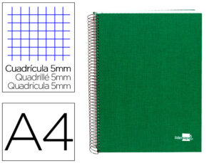 Cuaderno espiral liderpapel a4 micro papercoat tapa forrada 140h 75 gr cuadro5mm 5 bandas 4 taladros verde