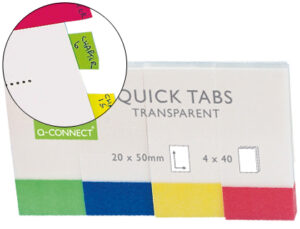 Banderitas separadoras q-connect 25×45 mm transparentes y color pack de 4 con 40 hojas