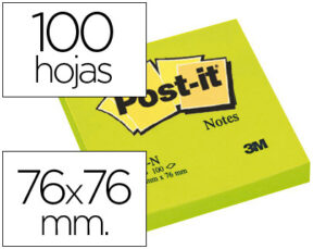 Bloc de notas adhesivas quita y pon post-it 76×76 mm verde neon con 100 hojas