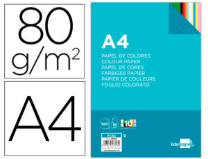 Papel color liderpapel a4 80gr 10 colores surtidos paquete de 100 hojas