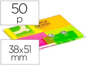 Bloc de notas adhesivas quita y pon q-connect 38×51 mm con 50 hojas fluorescentes pack de 4 unidades