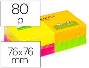 Bloc de notas adhesivas quita y pon q-connect 76×76 mm con 80 hojas fluorescentes pack de 12 surtidas en 4 colores