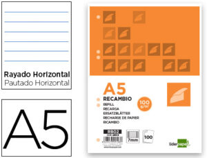 Recambio liderpapel a5 100 h 100g/m2 horizontal con margen 6 taladros