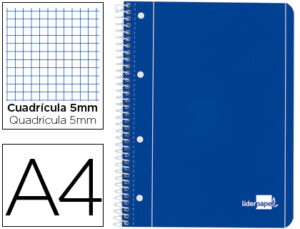 Cuaderno espiral liderpapel a4 micro serie azul tapa blanda 80h 80 gr cuadro5mm con margen 4 taladros azul