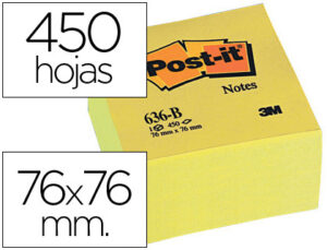 Bloc de notas adhesivas quita y pon post-it 76x76x45 mm cubo color amarillo 450 hojas