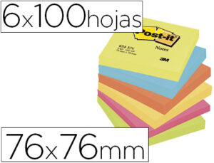 Bloc de notas adhesivas quita y pon post-it 76×76 mm neon pack de 6 blocs surtido