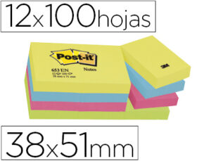 Bloc de notas adhesivas quita y pon post-it 38×51 mm neon pack de 12 blocs surtido