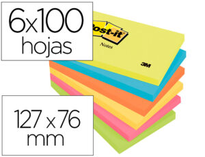 Bloc de notas adhesivas quita y pon post-it 76×127 mm neon pack de 6 blocs surtido