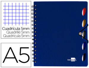 Cuaderno espiral liderpapel a5 micro executive tapa plastico 100h 80 gr cuadro 5mm 5 se paradores con gomilla azul