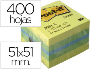 Bloc de notas adhesivas quita y pon post-it 51×51 mm minicubo color limon 2051-l 400 hojas