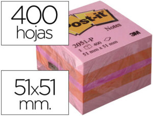 Bloc de notas adhesivas quita y pon post-it 51×51 mm minicubo color rosa 2051-p 400 hojas