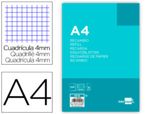 Recambio liderpapel a4 100 hojas 75g/m2 cuadro 4mm con margen 4 taladros