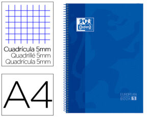 Bloc espiral oxford tapa extradura microperforado din a4 80 hojas cuadros 5mm color azul