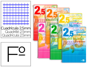 Cuaderno espiral liderpapel folio pautaguia tapa blanda 80h 75 gr cuadro pautado 2,5mm con margen colores surtidos