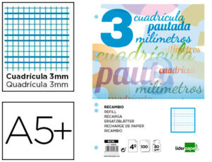 Recambio liderpapel cuarto pautaguia 100 hojas 75 g cuadriculado pautado 3 mm con margen 6 taladros