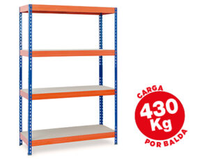 Estanteria metalica ar storage 200x100x60cm 4 estantes 430kg por estante bandejas de maderasin tornillos azul naranja