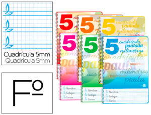 Cuaderno espiral liderpapel folio pautaguia tapa blanda 80h 75 gr cuadro pautado 5mm con margen colores surtidos