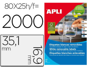 Etiqueta adhesiva apli 35,6×16,9 mm fotocopiadora laser inkjet caja 25 hojas din a4 con 2000 etiquetas