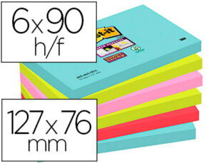 Bloc de notas adhesivas quita y pon post-it super sticky 76×127 mm con 90 hojas pack de 6 unidades colores miami